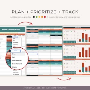May include: A printable Google Sheets template for planning, prioritising, and tracking tasks. The template includes a calendar, a task list, and a progress tracker. The calendar is divided into days of the week, and each day has a section for tasks, priorities, and progress. The task list includes a section for task name, frequency, and due date. The progress tracker shows the progress of each task as a percentage.