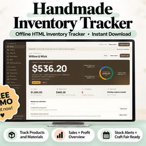 May include: A computer monitor displaying a digital inventory tracker interface titled Willow & Wick. The dashboard shows financial data, a pie chart, and sales metrics. A yellow badge on the left reads FREE DEMO Try it now! with a heart icon.