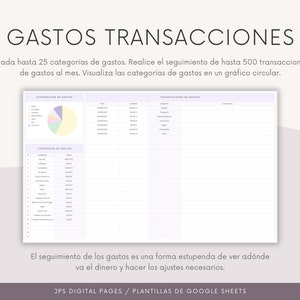 May include: A printable budget tracker spreadsheet template for Google Sheets. The template includes a pie chart to visualize spending categories and a table to track transactions. The text on the page reads "GASTOS TRANSACCIONES" and "El seguimiento de los gastos es una forma estupenda de ver ad&oacute;nde va el dinero y hacer los ajustes necesarios."