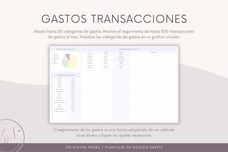 May include: A printable budget tracker spreadsheet template for Google Sheets. The template includes a pie chart to visualize spending categories and a table to track transactions. The text on the page reads "GASTOS TRANSACCIONES" and "El seguimiento de los gastos es una forma estupenda de ver ad&oacute;nde va el dinero y hacer los ajustes necesarios."