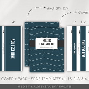 May include: Printable binder cover, back, and spine templates for a nursing fundamentals course. The cover features a chevron pattern in white and blue with the text "Nursing Fundamentals" and "Course Number Here". The back features a chevron pattern in white and blue. The spine templates are in various sizes: 1 inch, 1.5 inches, 2 inches, 3 inches, and 4 inches.