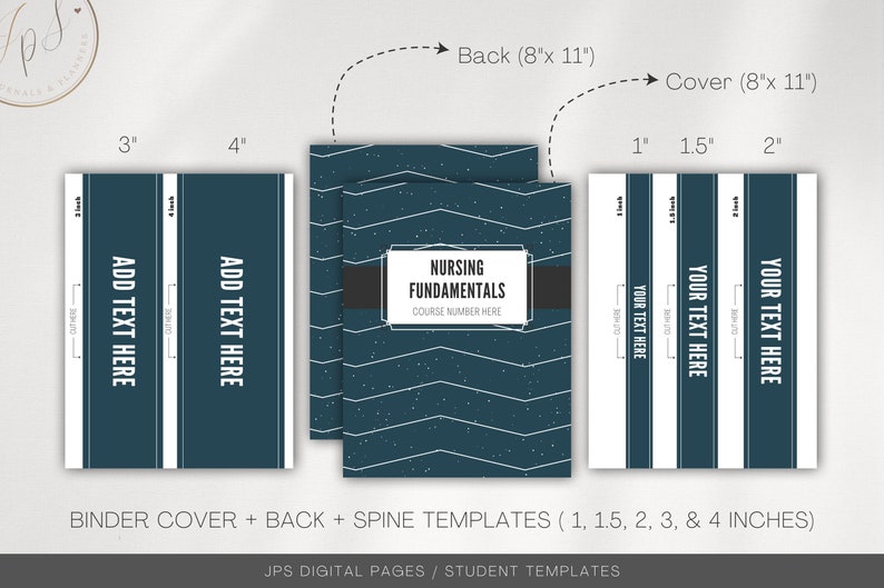 May include: Printable binder cover, back, and spine templates for a nursing fundamentals course. The cover features a chevron pattern in white and blue with the text "Nursing Fundamentals" and "Course Number Here". The back features a chevron pattern in white and blue. The spine templates are in various sizes: 1 inch, 1.5 inches, 2 inches, 3 inches, and 4 inches.
