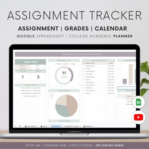 Assignment Tracker Spreadsheet, Google Sheets Template, Exam Grade Task Tracker, College & University Student Planner, Homework Spreadsheet