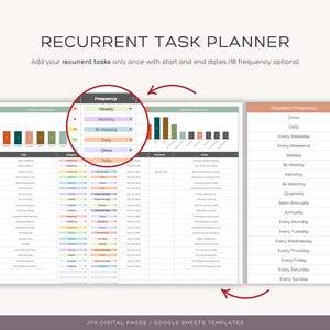 Puede incluir: Una plantilla de planificador digital para Google Sheets con un dise&ntilde;o colorido. La plantilla est&aacute; dise&ntilde;ada para ayudar a los usuarios a realizar un seguimiento de las tareas recurrentes con fechas de inicio y fin. La plantilla incluye un men&uacute; desplegable con 18 opciones de frecuencia, que incluyen diaria, semanal, mensual y anual.
