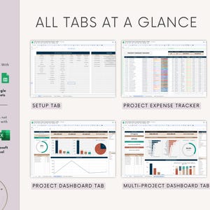 K&ouml;nnte beinhalten: Ein Screenshot einer Google Sheets-Tabelle mit vier Registerkarten: Einrichtung, Projekt-Kostenverfolgung, Projekt-Dashboard und Multi-Projekt-Dashboard. Die Registerkarten dienen dazu, Projektkosten zu verfolgen und Dashboards zu erstellen.