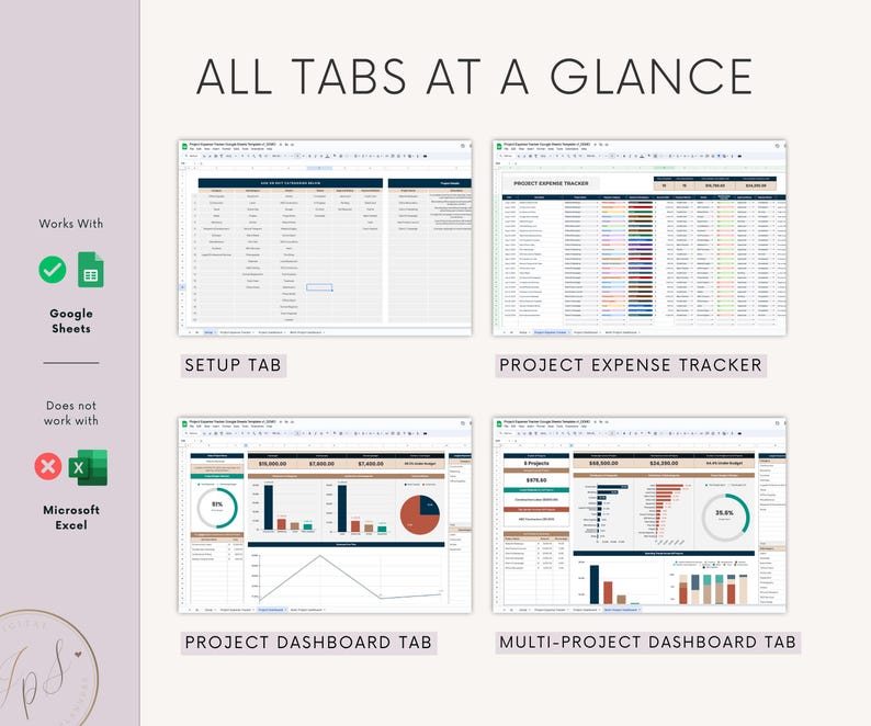 K&ouml;nnte beinhalten: Ein Screenshot einer Google Sheets-Tabelle mit vier Registerkarten: Einrichtung, Projekt-Kostenverfolgung, Projekt-Dashboard und Multi-Projekt-Dashboard. Die Registerkarten dienen dazu, Projektkosten zu verfolgen und Dashboards zu erstellen.