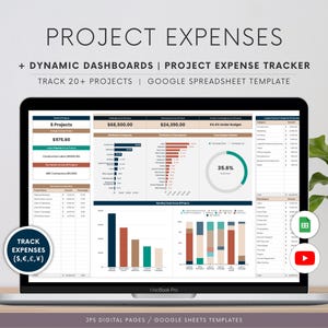 Projectkostentracker en dashboardspreadsheet, Google Spreadsheets-sjabloon, bijhouden van zakelijke kosten en onkosten, projectbudget, versie 2024-2025
