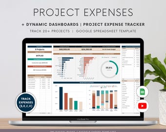 May include: A laptop screen displaying a Google Sheets spreadsheet template for tracking project expenses. The spreadsheet includes charts and graphs showing project budget, spending, and progress. The text "PROJECT EXPENSES" is displayed at the top of the screen. The text "TRACK EXPENSES ($,€,£,¥)" is displayed in a box on the left side of the screen.