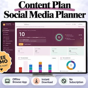 May include: A digital social media content planner displayed on a computer monitor. The interface features a dark purple dashboard with progress charts, task counts, and a content mix pie chart. A yellow badge reads FREE DEMO Try it now! and icons indicate offline app, instant download, and no subscription.