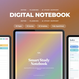 May include: A digital notebook displayed on three tablet screens with a gradient background. The central screen shows the title Smart Study Notebook and SN logo. Other screens display an index with navigation buttons, course sections, and templates.