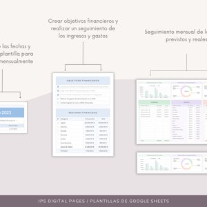 May include: A Google Sheets template for tracking monthly finances. The template includes sections for setting financial goals, summarizing income and expenses, and tracking spending by category. The template is designed to be used monthly and includes a section for entering the month and year.