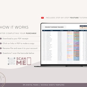 K&ouml;nnte beinhalten: Ein digitaler Download f&uuml;r eine Google Sheet-Vorlage zur Verfolgung von Projektausgaben. Die Vorlage wird auf einem Laptop-Bildschirm mit wei&szlig;em Hintergrund angezeigt. Die Vorlage enth&auml;lt Spalten f&uuml;r Datum, Lieferantenname, Artikel, Ausgabenkategorie, Zahlungsmethode, Betrag und Zahlungsdetails. Die Vorlage ist farbcodiert f&uuml;r verschiedene Ausgabenkategorien. Das Bild enth&auml;lt auch Anweisungen zum Herunterladen und Verwenden der Vorlage.