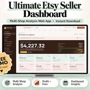 May include: A computer monitor displaying the Ultimate Etsy Seller Dashboard, a multi-shop analysis web app. The screen shows financial data, including a $4,227.32 take-home total, with a yellow badge reading FREE DEMO Try it now! at the bottom left.