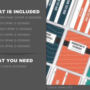 May include: A set of student planner templates for use with Canva. The templates include a binder page cover, spine designs in various sizes, and a variety of color schemes. The text "WHAT IS INCLUDED" and "WHAT YOU NEED" is visible on the left side of the image.