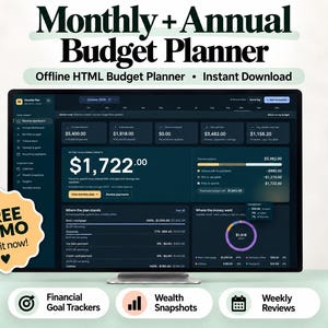 May include: A computer monitor displaying a Monthly + Annual Budget Planner interface with dark mode, financial data, and charts. A yellow badge on the left reads FREE DEMO Try it now! Three white buttons below show Financial Goal Trackers, Wealth Snapshots, and Weekly Reviews.