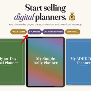 Op de afbeelding: Een digitale afbeelding met de tekst Start selling digital planners. Het bevat drie planner-covers: een groene My 90-Day Goal Planner, een My Simple Daily Planner met kleurverloop op een tablet en een blauwe My ADHD Daily Planner met functie-badges.