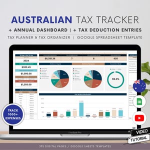 Australische belastingaftrektracker en dashboard-spreadsheet, Google Spreadsheets-sjabloon, belastingaftrek voor bedrijven, belastingplanning, Australische versie