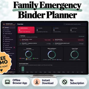 May include: A digital Family Emergency Binder Planner displayed on a computer screen with a dark interface, featuring sections for household, medical, and financial records. A yellow badge reads FREE DEMO Try it now! with three icons below.