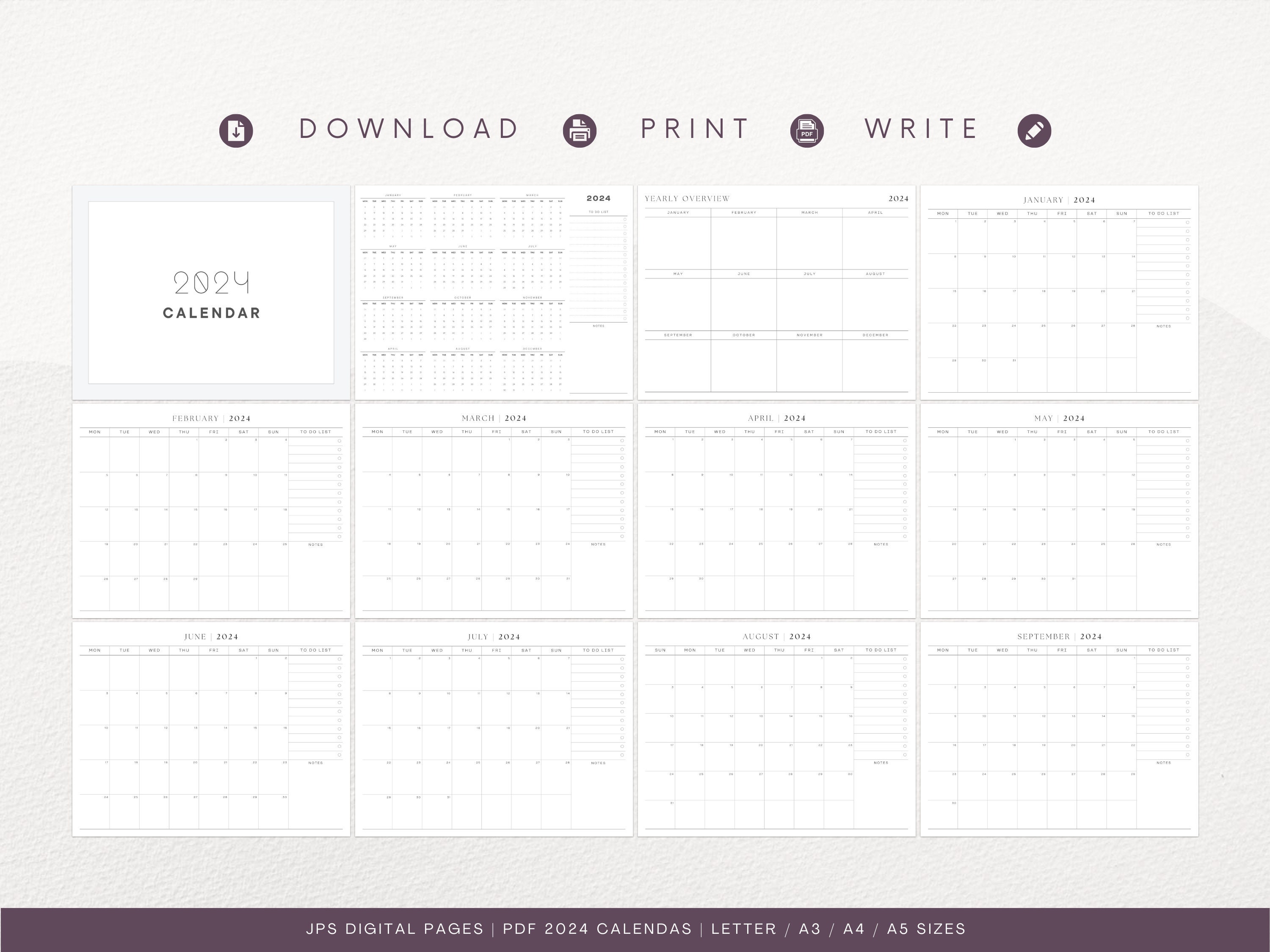 2024 Calendar Monthly Printable Landscape PDF 2024 Monthly Calendar