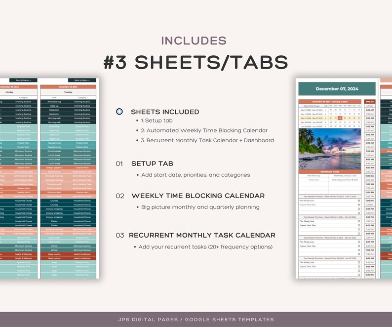 May include: A digital planner template for Google Sheets with three tabs: Setup, Weekly Time Blocking Calendar, and Recurrent Monthly Task Calendar. The image shows a screenshot of the calendar tab with a tropical beach scene and the date 7 December 2024.