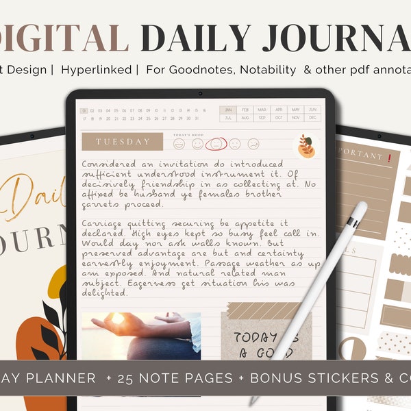 Daily Digital Journal | Un-dated 365 Day Journal | GoodNotes & Notability Journal | iPad Journal Notebook, Digital Stickers | Journal Cover