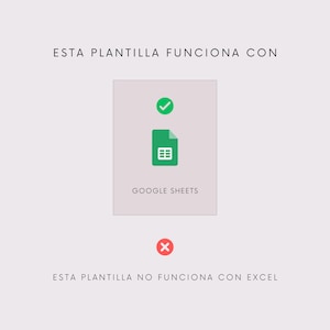 May include: A green checkmark icon next to a green Google Sheets icon with the text "GOOGLE SHEETS" below it. A red X icon is below the Google Sheets icon with the text "ESTA PLANTILLA NO FUNCIONA CON EXCEL" below it.