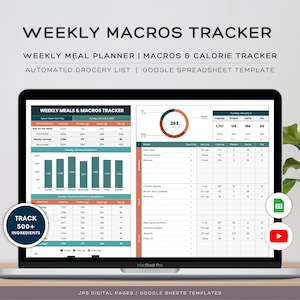 Wekelijkse macro's en calorietracker, wekelijkse maaltijdplanner, 7-daagse maaltijdplanner en geautomatiseerde boodschappenlijst, Google Spreadsheets-sjabloon, boodschappenlijst