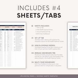May include: Digital health expense tracker with four sheets/tabs: Set-up, HSA Health Expense Entries, Annual Dashboard, and Multi-Year Dashboard. The image includes a detailed breakdown of each sheet's function, along with a sample spreadsheet.