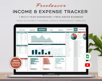 May include: A Google Sheets template for freelancers to track income and expenses. The template includes a multi-year dashboard with charts and graphs to visualize financial data. It also includes a section to track up to 50 income and expense items.