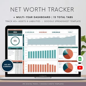 Sjabloon nettowaarde-tracker, dashboardspreadsheet voor meerdere jaren, Google Spreadsheets-sjabloon, jaarlijkse nettowaardecalculator, investeringstracker