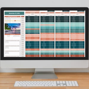 May include: A computer screen displaying a digital planner with a calendar, a list of daily tasks, and a tropical beach scene. The planner is organised by day of the week and includes sections for "To Do", "Morning Routine", "Lunch Break", "Afternoon Routine", "Evening Routine", "Household Chores", "Errands & Shopping", "Leisure & Entertainment", and "Sleep".