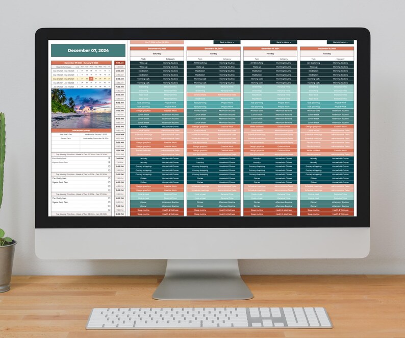 May include: A computer screen displaying a digital planner with a calendar, a list of daily tasks, and a tropical beach scene. The planner is organised by day of the week and includes sections for "To Do", "Morning Routine", "Lunch Break", "Afternoon Routine", "Evening Routine", "Household Chores", "Errands & Shopping", "Leisure & Entertainment", and "Sleep".