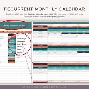 May include: A digital calendar template for Google Sheets, titled "Recurrent Monthly Calendar". The template features a calendar for the month of December 2024, starting on Monday, 30th December. The calendar includes a list of task frequencies, such as daily, weekly, and bi-monthly.