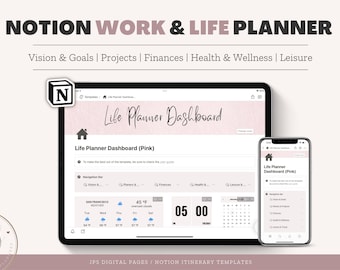 Planificateur de vie et de travail de Notion | Tableau de bord Notion Life | Notion de gestion de projet | Notion Organisation personnelle | Modèle tout en un