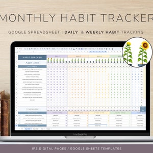 May include: A laptop computer displaying a Google Sheets spreadsheet titled "Habit Tracker" with a monthly calendar grid for tracking daily and weekly habits. The spreadsheet has a sunflower graphic and a green and white icon for Google Sheets.