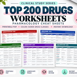 Może przedstawiać: Zestaw 27 arkuszy do druku z farmakologii zatytułowanych Clinical Study Series Top 200 Drugs Worksheets. Dokumenty zawierają tabele oznaczone kolorami dla klas leków, w tym sercowo-naczyniowych, endokrynologicznych, neurologicznych i oddechowych.