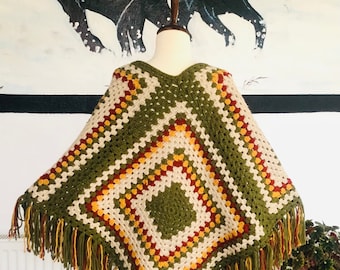 Crochet Boho style shawl cloak wrap Granny Square Ruana blanket capalet