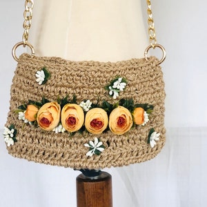 Handmade Crochet Jute Shoulder Bag: Knit Crossbody with Flowers
