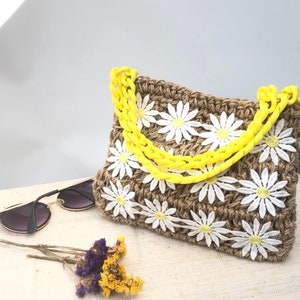 crochet jute bag, summer knitted jute bag, jute beach bag, daisy jute handbag, jute tophandle bag