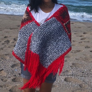 Crochet Granny Square Shawl: Red Fringe Afghan Wrap