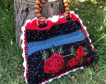 Summer red rose  Crochet bag top handle tote bag shoulder boho bag