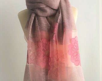 Pink Wool Shawl, Embroidery Wrap, Silk Chiffon Wide Scarf