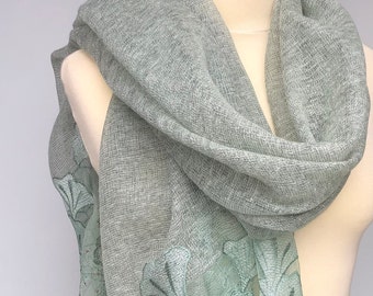 Mint Green Shawl, Embroidery Wrap, Silk Chiffon Shawl