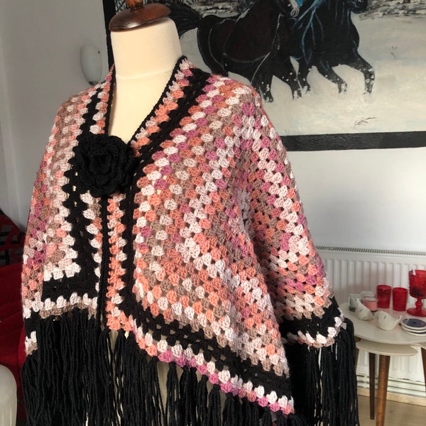Crochet Cloak Ruana shawl Granny Square Triangle Blanket cape rose wrap