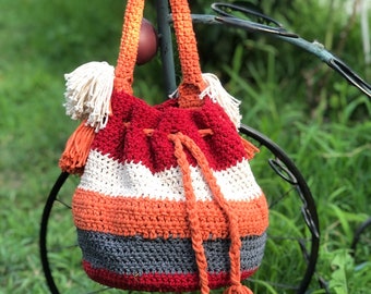 Sac seau au crochet, sac à pampilles, sac fait main avec poignée supérieure, sac à main coloré, sac bohème, sac d'été, sac de poignet