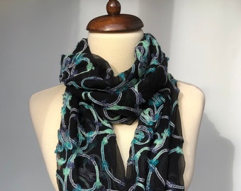 Women Black Silk scarf, Embroidered shawl, Black Chiffon Shawl or Wrap