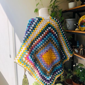Crochet blanlet Shawl, Colorful Triangle Shawl, Granny Square Shawl, Hand Knitted Wrap or Poncho