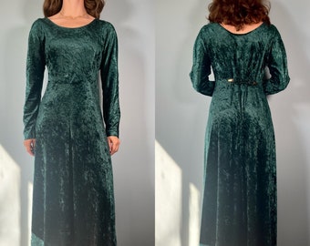 Vintage 90s Velvet Dress, 1990s Forest Green Velour A-Line Dress