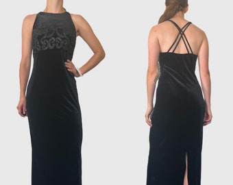 Vintage 90s Prom Dress, 1990s Black Velvet Formal Gown