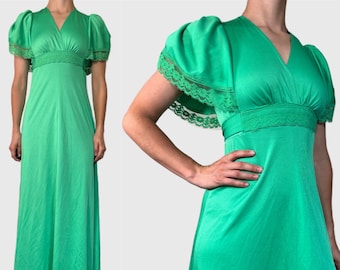 Vintage jaren 70 groene jurk, jaren 1970 kanten maxi zomerjurk